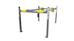 BendPak’s HD-9EWT four-post lift’s extra width prevents damage to doors and mirrors, while its greater rise provides plenty of working space under the vehicle.