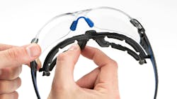 The Brass Knuckle Midnight safety glasses feature a foam filter that fills the gap between the glasses and the face, preventing dust and debris from getting into the lens. The Brass Knuckle Midnight safety glasses feature a foam filter that fills the gap between the glasses and the face, preventing dust and debris from getting into the lens.