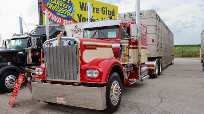 Kate Whiting of Chetek, Wisconsin, took second place in the 'Show Class - Combination' category with her 1973 Kenworth W900L and 1974 Wilson cattle trailer, which she calls 'Cherry Pie.'