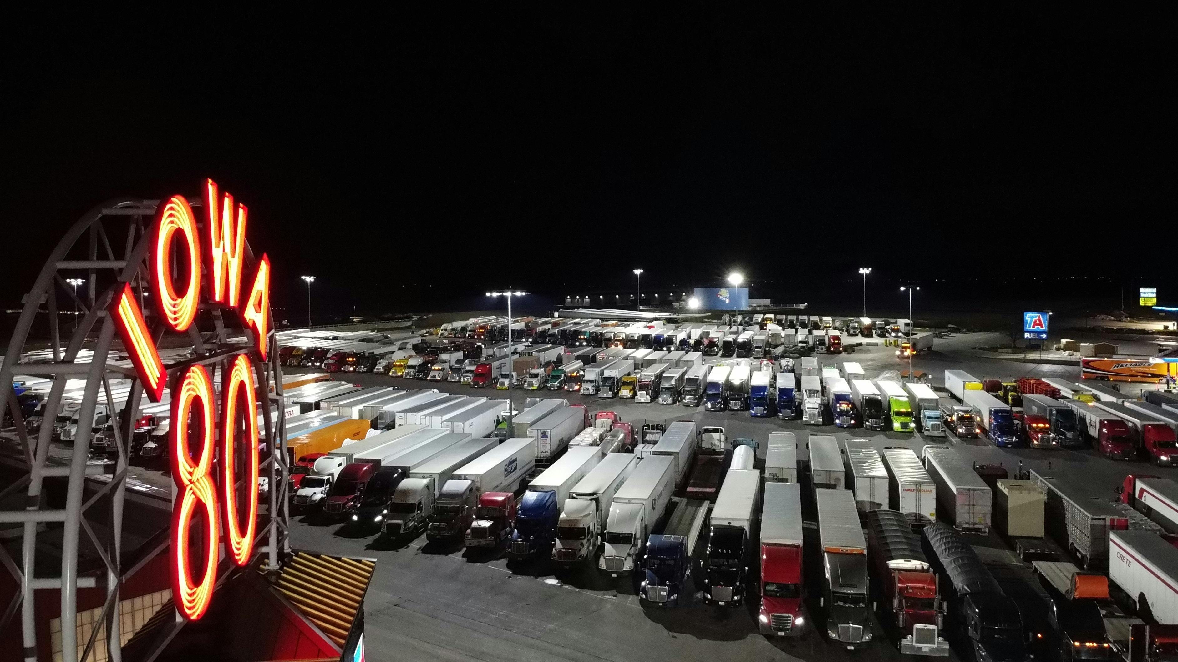 Iowa 80 truck parking at night