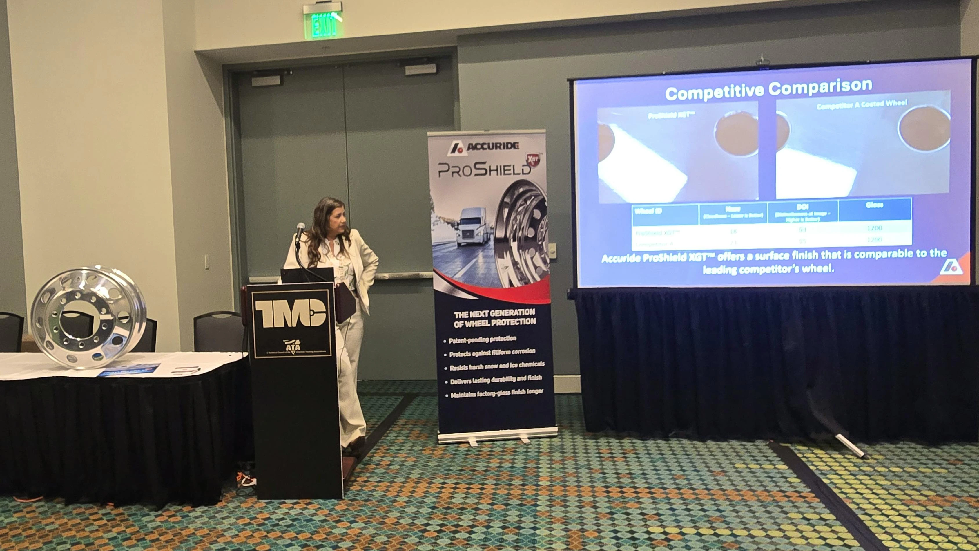 Jayne Orr, VP of sales at Accuride, unveils the ProSheild XGT coatign for aluminum wheels. The coating stands up to the harshest mechancial, thermal, and chemical challenges on the road, according to Accuride testing.