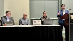 From L to R: Peter Cooper, CEO of Ascend Consulting; Jack Poster, VMRS service manager at TMC, Trent Broberg, CEO of Fullbay, and John Hitch, editor-in-chief of Fleet Maintenance. From L to R: Peter Cooper, CEO of Ascend Consulting; Jack Poster, VMRS service manager at TMC, Trent Broberg, CEO of Fullbay, and John Hitch, editor-in-chief of Fleet Maintenance.