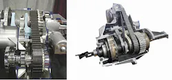 Two transfer cases are cut away, showing the internal drive path to the front output. In both units, the Morse chain can be clearly seen transferring power from the mainshaft to the front differential/output drive. Two transfer cases are cut away, showing the internal drive path to the front output. In both units, the Morse chain can be clearly seen transferring power from the mainshaft to the front differential/output drive.