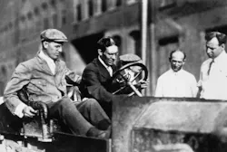 Charles Kettering demonstrates his electric start on a Cadillac.
