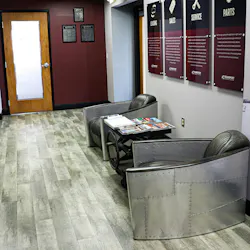 Transport Services, Inc., in North Royalton, Ohio specializes in leasing, renting, and repairing trailers, so the alumium-paneled aviator-style lounge chairs are as on brand as they are stylish.