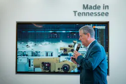Rob Williams, president and CEO of Hankook Tire America, addresses other company leaders, guests from its partner International Motors, and the media, on Aug. 17 at the Clarksville plant.