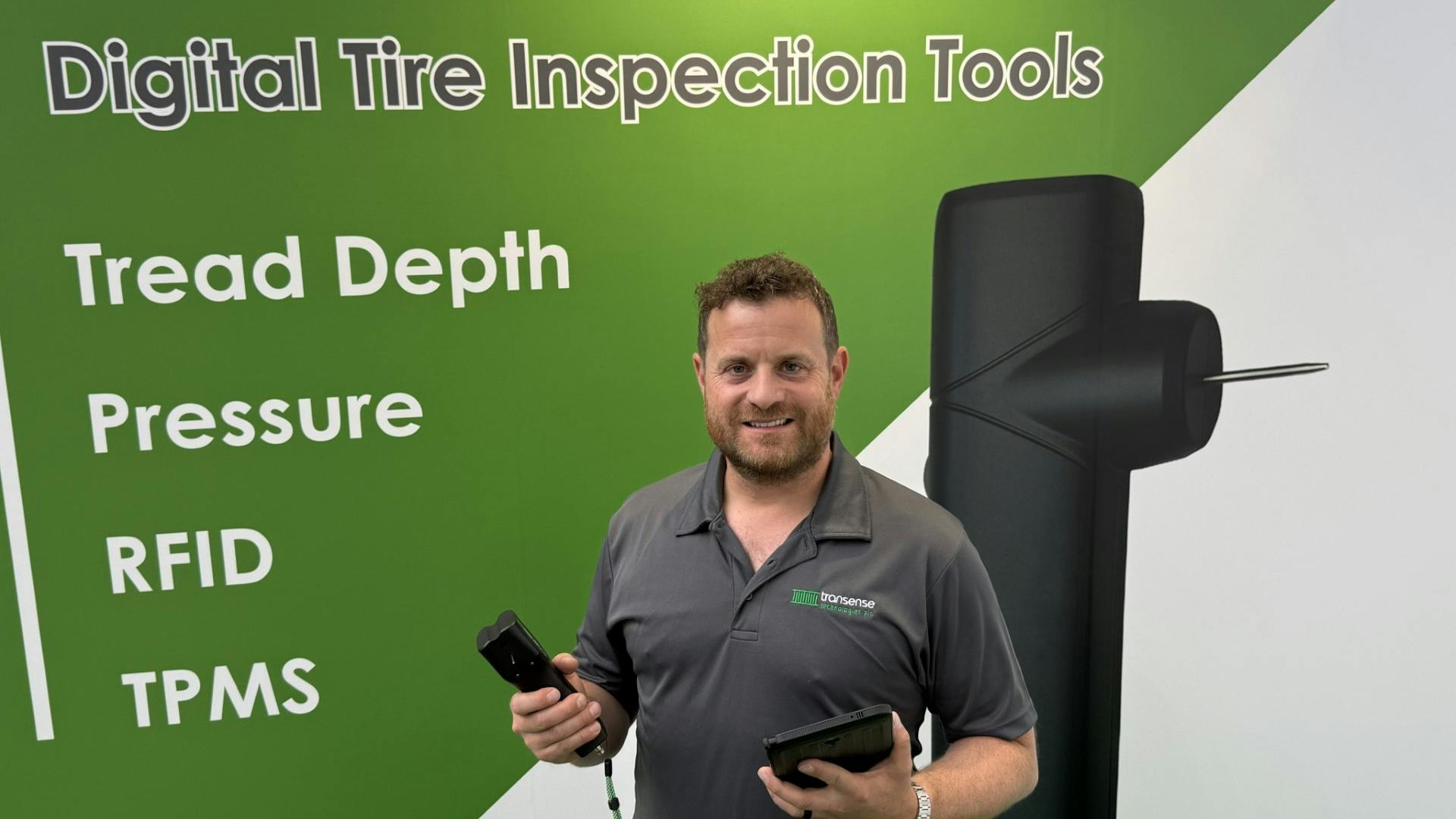 Ryan Maughan, MD at Transense Technologies with an example of the Translogik TLGX digital tyre management tool.