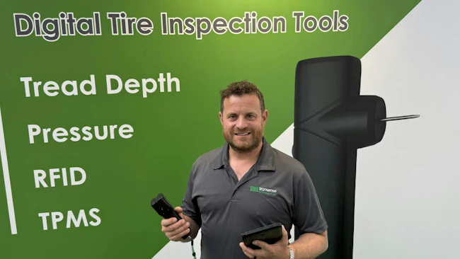 Ryan Maughan, MD at Transense Technologies with an example of the Translogik TLGX digital tyre management tool.