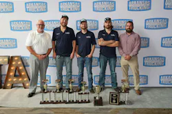 This summer, McKee took home the Team Award trophy at the Arkansas Trucking Championship. L to R: John Williams, corp. maintenance mgr., technicians Michael Munson, Nick Hockenberry, and Tommy Crenshaw; and Eric Rusk, fleet maintenance superintendent.