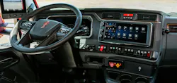 Kenworth uses a horizontal 15' HMI that includes dials for volume, temperature, and fan speed, keeping them accessible for vocational operators wearing heavy work gloves.